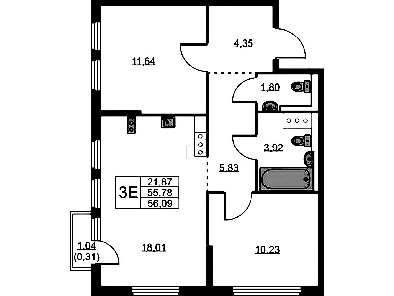 2-комнатная квартира 56.09 м², 8/11 эт., ЖК «Новое Колпино»